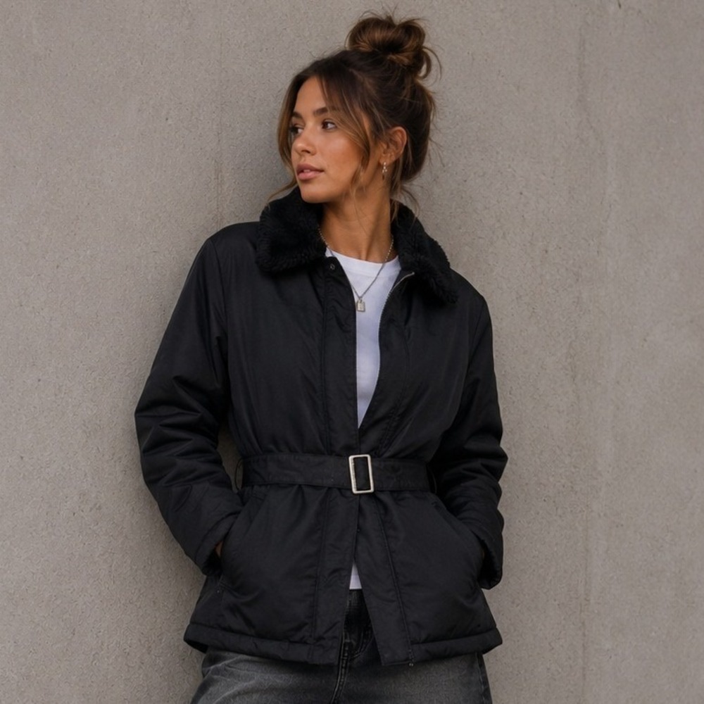 Polo Jeans Co. Ralph Lauren Coat Women's Large Black Belted Faux Fur‎ Collar